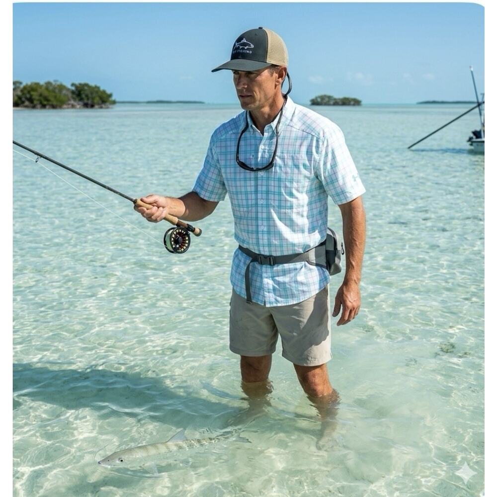 Under Armour Heat Gear Plaid Vented Aqua White Performance Vented SS Med